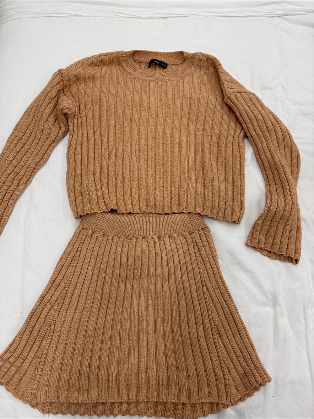 Mango Camel Ribbed Knit Skirt Set